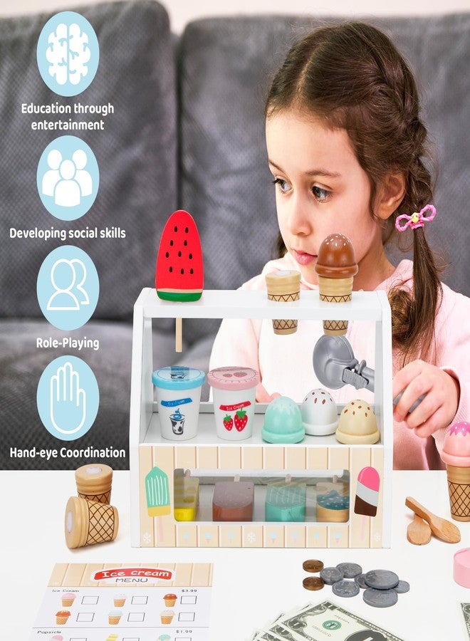 ZJEFUNS Wooden Ice Cream Toys for Kids Ice Cream Counter Shop for Toddlers Pretend Play Food Scoop and Serve with Scoop & Menu & Fake Money for Boys and Girls Ages 3 4 5 6 (Beige) - Image 5